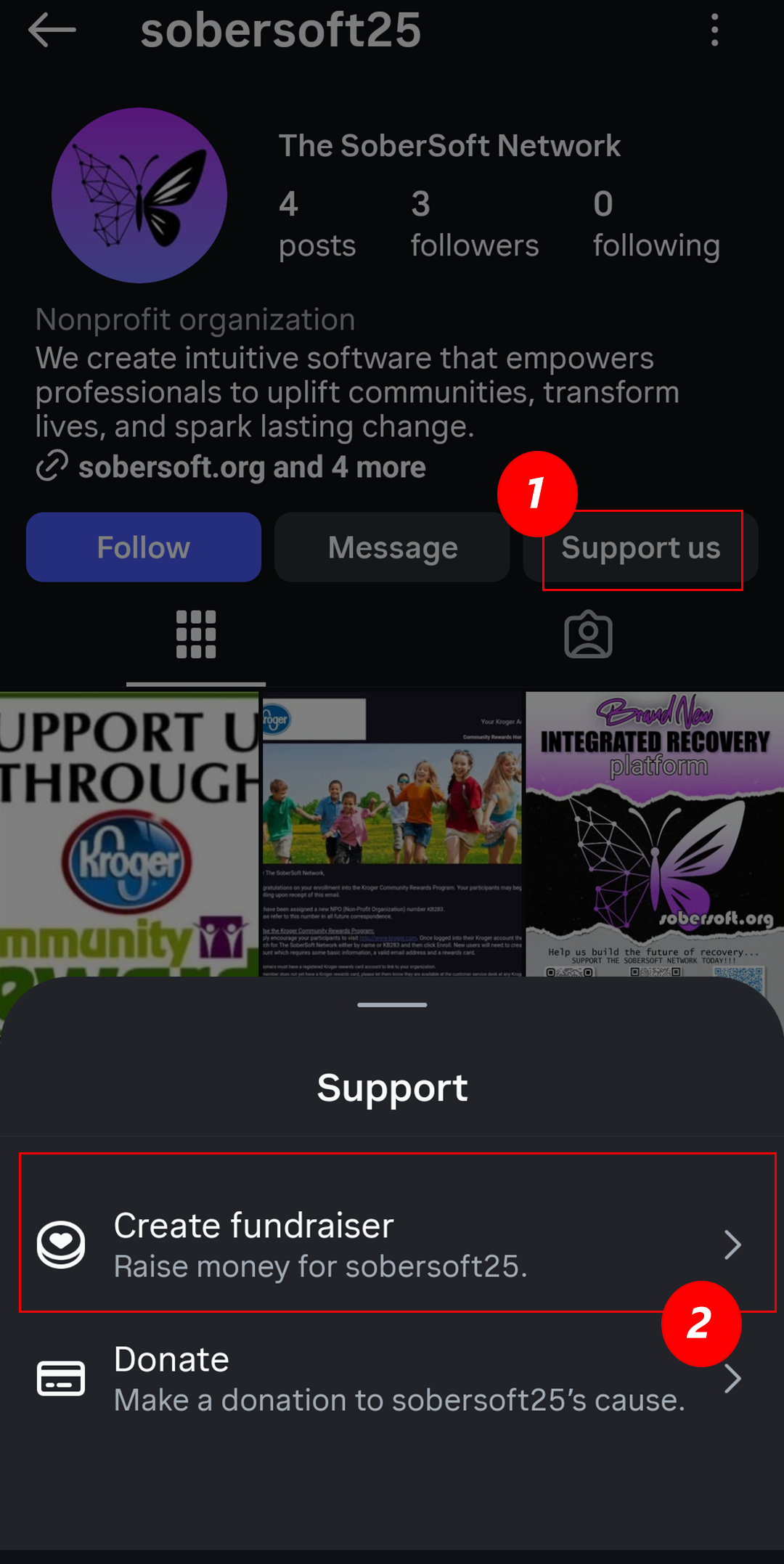 Support us menu showing Create fundraiser option